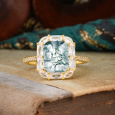 4CT Emerald Cut Moss Agate Engagement Ring Pave Halo Bridal Ring