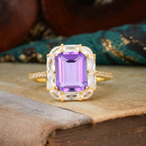 4CT Emerald Cut Amethyst Engagement Ring Pave Halo Bridal Ring