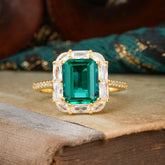 4CT Emerald Cut 8 Prong Emerald Engagement Ring Pave Halo Bridal Ring