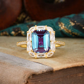 4CT Emerald Cut Alexandrite Engagement Ring Pave Halo Bridal Ring