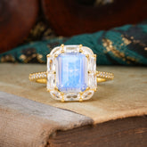 4CT Emerald Cut Moonstone Engagement Ring Pave Halo Bridal Ring