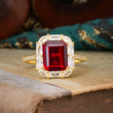 4CT Emerald Cut Ruby Engagement Ring Pave Halo Bridal Ring