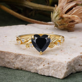 Classic 3 Prong Heart Cut Black Onyx Leaf Engagement Ring