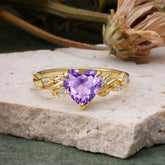 Classic 3 Prong Heart Cut Amethyst Leaf Engagement Ring