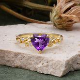 Classic 3 Prong Heart Cut Amethyst Leaf Engagement Ring