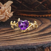 Unique Design Heart Cut 3 Prong Amethyst Leaf Engagement Ring