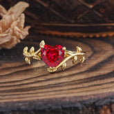 Unique Design Heart Cut Ruby Leaf Engagement Ring