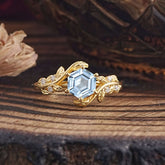 6 Prong Hexagon Cut Aquamarine Vine Flower Ring