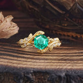 6 Prong Hexagon Cut Emerald Vine Flower Ring