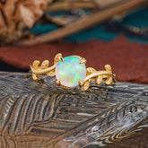 4 Prong Round Cut Opal Nature Inspired Leaf Engagement Ring