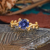 4 Prong Round Cut Tanzanite Nature Inspired Leaf Engagement Ring