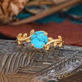 4 Prong Round Cut Turquoise Nature Inspired Leaf Engagement Ring