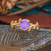 4 Prong Round Cut Amethyst Nature Inspired Leaf Engagement Ring