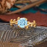 4 Prong Round Cut Aquamarine Nature Inspired Leaf Engagement Ring