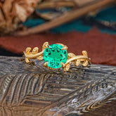 4 Prong Round Cut Emerald Nature Inspired Leaf Engagement Ring