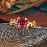 4 Prong Round Cut Ruby Nature Inspired Leaf Engagement Ring
