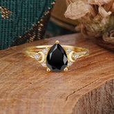 3 Prong Unique Pear Cut Black Onyx Cluster Engagement Ring