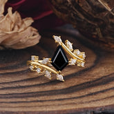 Kite Cut Gold Leaf Black Onyx Engagement Ring for Women