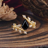 Kite Cut Gold Leaf Black Onyx Engagement Ring for Women