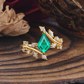 Kite Cut Gold Leaf Emerald Engagement Ring for Women