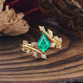 Kite Cut Gold Leaf Emerald Engagement Ring for Women