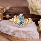 4 Prong Nature Inspired Leafy Vine Pear Cut Natural Moss Agate Engagement Ring