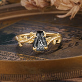 Elegant Coffin Cut 4 Prong Leaf Vine Black Rutilated Quartz Engagement Ring