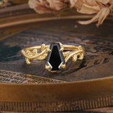 Elegant Coffin Cut 4 Prong Leaf Vine Black Onyx Engagement Ring