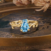 Elegant Coffin Cut 4 Prong Leaf Vine Aquamarine Engagement Ring