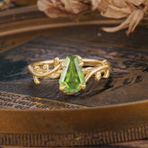 Elegant Coffin Cut 4 Prong Leaf Vine Peridot Engagement Ring