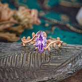 Nature-Inspired Leafy Branch 4-Prong Marquise Amethyst Engagement Ring
