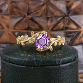 Nature-Inspired Vine-Wrapped 4-Prong Hexagon-Cut Amethyst Engagement Ring