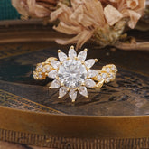 Nature-Inspired Sunflower 4-Prong Round Cut Moissanite Engagement Ring