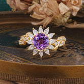 Nature-Inspired Sunflower 4-Prong Round Cut Amethyst Engagement Ring