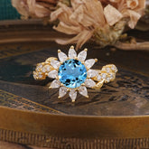 Nature-Inspired Sunflower 4-Prong Round Cut Aquamarine Engagement Ring