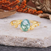 Nature-Inspired Oval Cut Leaf Moss Agate Promise Ring for Women