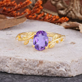 Nature-Inspired Oval Cut Leaf Amethyst Promise Ring for Women