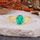 Nature-Inspired Oval Cut Leaf Emerald Promise Ring for Women