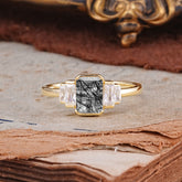 Emerald Cut Baguette Side Stones Black Rutilated Quartz Engagement Ring