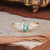 Emerald Cut Baguette Side Stones Moss Agate Engagement Ring
