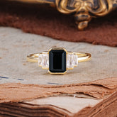Emerald Cut Baguette Side Stones Black Onyx Engagement Ring
