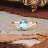 Emerald Cut Baguette Side Stones Aquamarine Engagement Ring