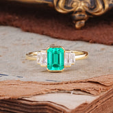 Emerald Cut Baguette Side Stones Emerald Engagement Ring