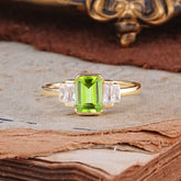 Emerald Cut Baguette Side Stones Peridot Engagement Ring
