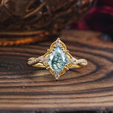Nature Leaf Ring Pear Cut Natural Moss Agate Engagement Ring