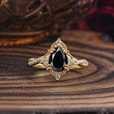 Nature Leaf Ring Pear Cut Black Onyx Engagement Ring