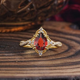 Nature Leaf Ring Pear Cut Garnet Engagement Ring