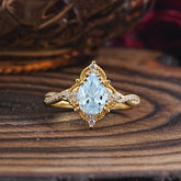 Nature Leaf Ring Pear Cut Aquamarine Engagement Ring