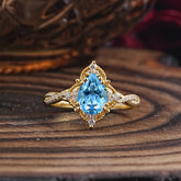 Nature Leaf Ring Pear Cut Aquamarine Engagement Ring