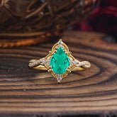 Nature Leaf Ring Pear Cut Emerald Engagement Ring
